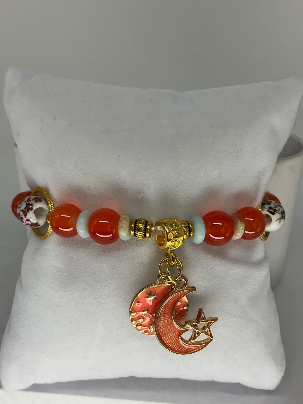 Gold Charm Crescent Moon & Star Orange Beaded Stretch Bracelet